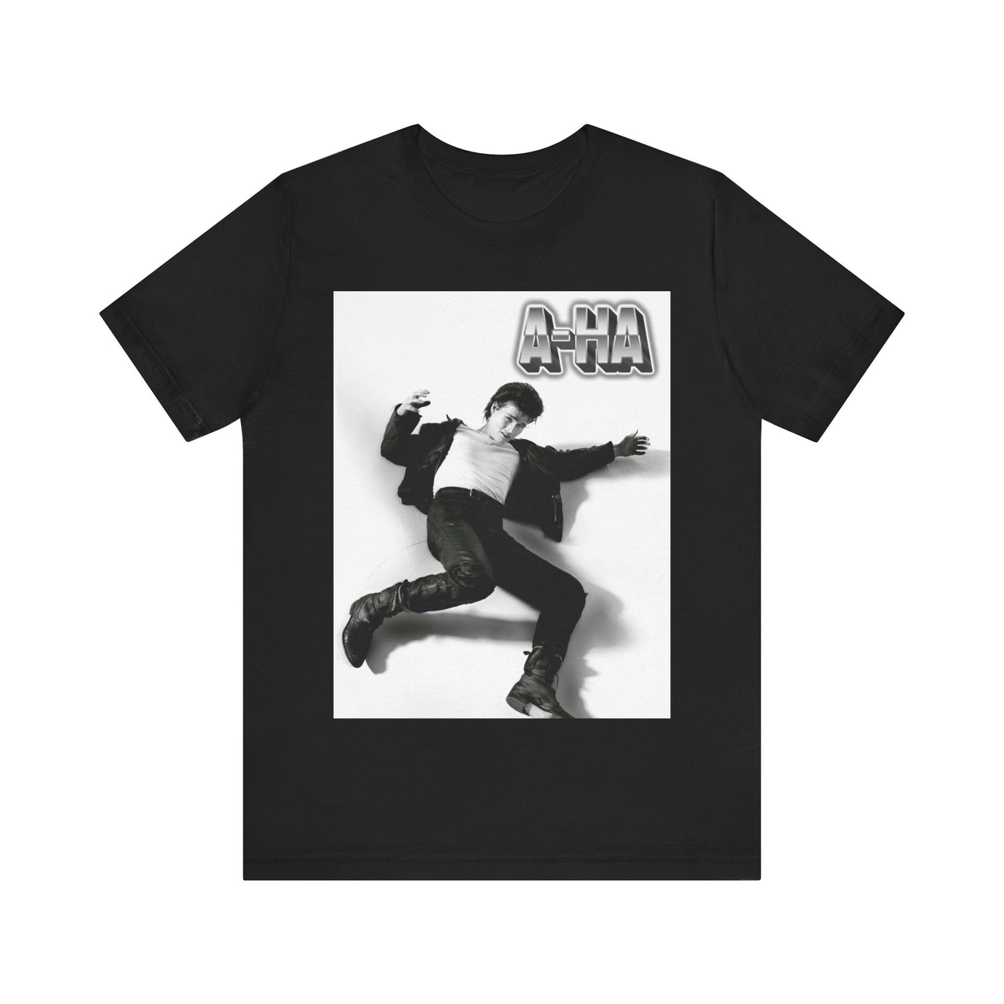 A black graphic t-shirt featuring a photo of the band A-HA, styled to evoke their "Take On Me" music video from the 1980s.n.