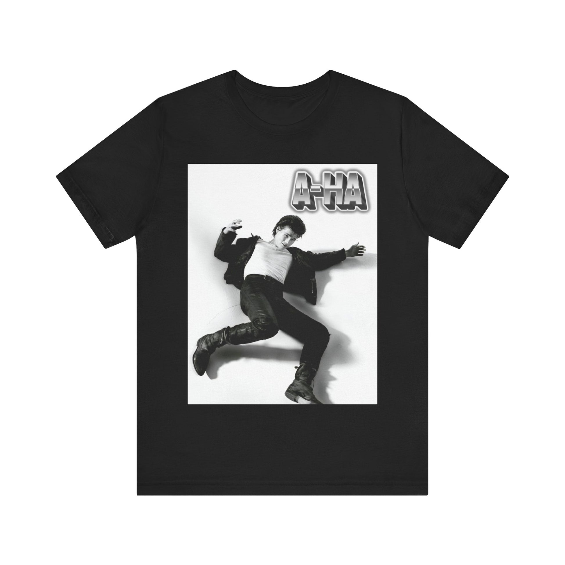 A black graphic t-shirt featuring a photo of the band A-HA, styled to evoke their "Take On Me" music video from the 1980s.n.