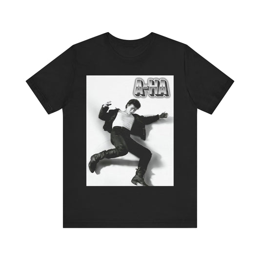 A black graphic t-shirt featuring a photo of the band A-HA, styled to evoke their "Take On Me" music video from the 1980s.n.