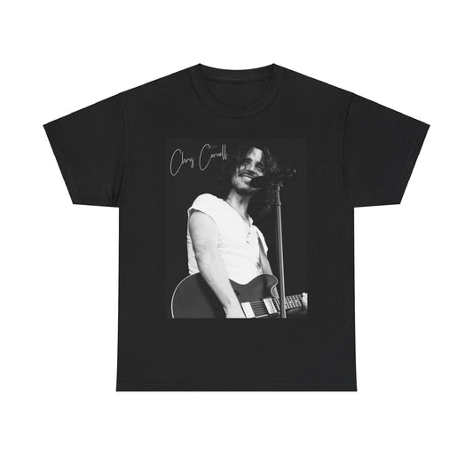 A black graphic t-shirt featuring a black and white graphic of Chris Cornell, evoking the Seattle rock sound.