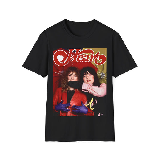 A black graphic t-shirt featuring a retro graphic of Ann and Nancy Wilson from the band Heart.