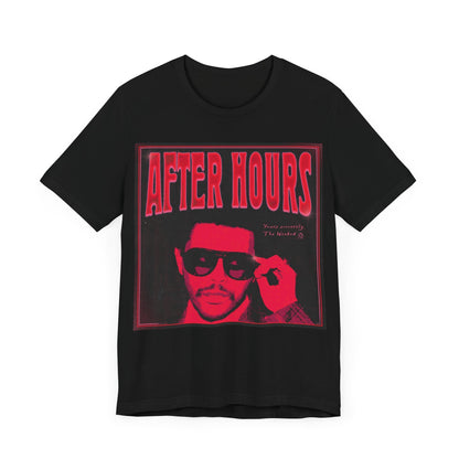 A black graphic t-shirt featuring a retro graphic related to The Weeknd's 'After Hours' album.