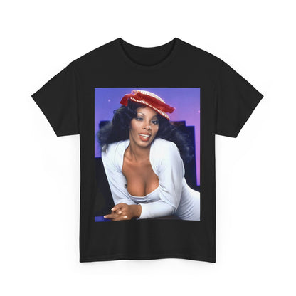 A black graphic t-shirt featuring a retro graphic related to Donna Summer's 'Bad Girls' album era.