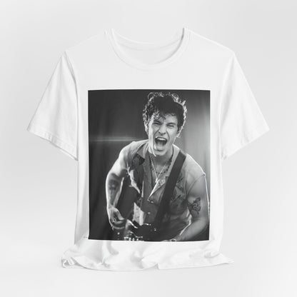 A black graphic t-shirt featuring a black and white photo of Shawn Mendes, emphasizing his charm.