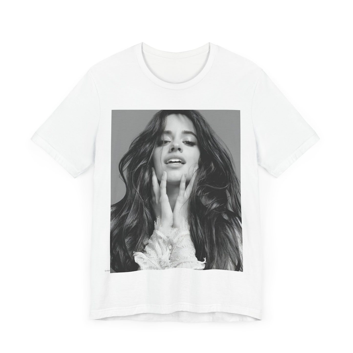 A black graphic t-shirt featuring a black and white portrait photo of Camila Cabello.
