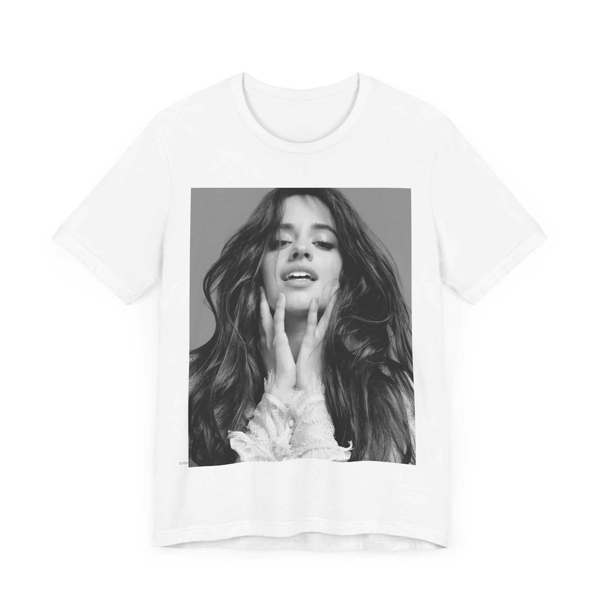 A black graphic t-shirt featuring a black and white portrait photo of Camila Cabello.