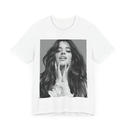 A black graphic t-shirt featuring a black and white portrait photo of Camila Cabello.