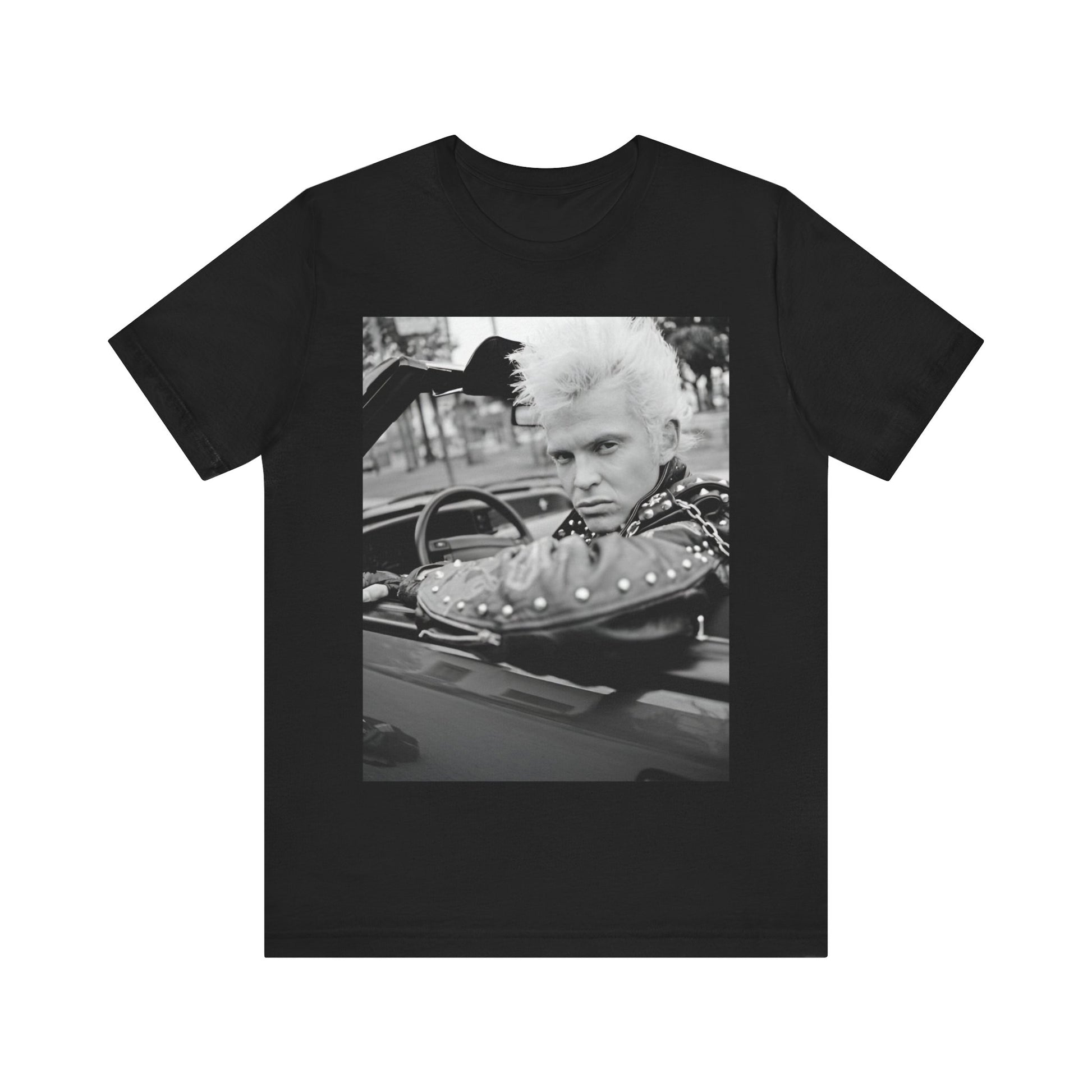 A black graphic t-shirt featuring a graphic of Billy Idol in a classic 80s punk rock pose.