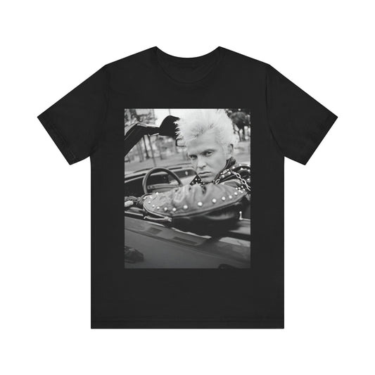 A black graphic t-shirt featuring a graphic of Billy Idol in a classic 80s punk rock pose.