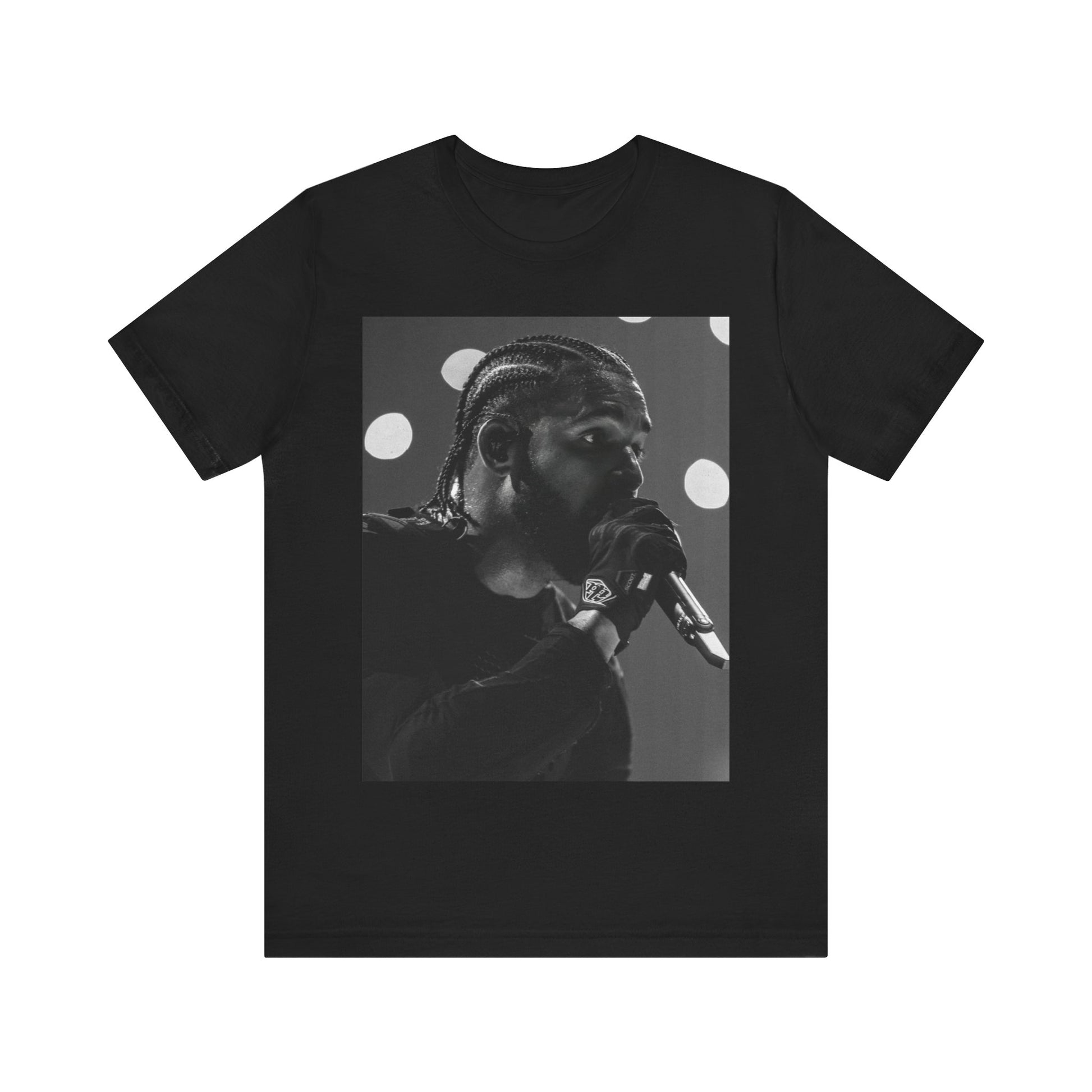 A black graphic t-shirt featuring a classic black and white style graphic of Drake.