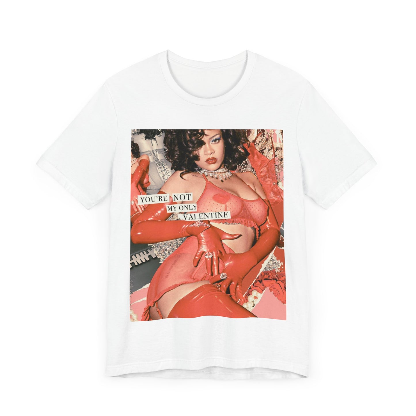 A black graphic t-shirt featuring a graphic of Rihanna with a 'hot valentine' theme.