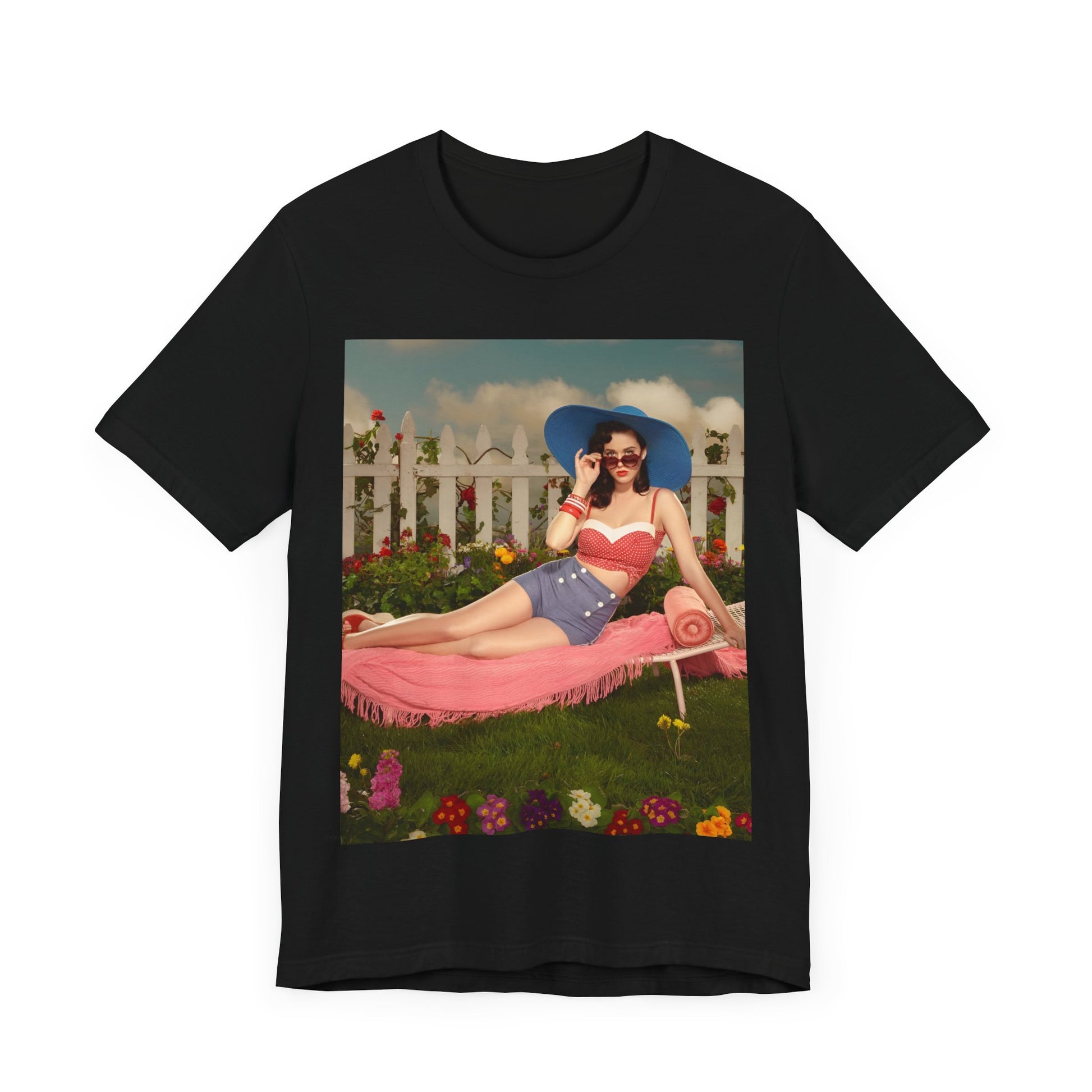 A black graphic t-shirt featuring a graphic related to Katy Perry's "California Gurls" song, with beach vibes.