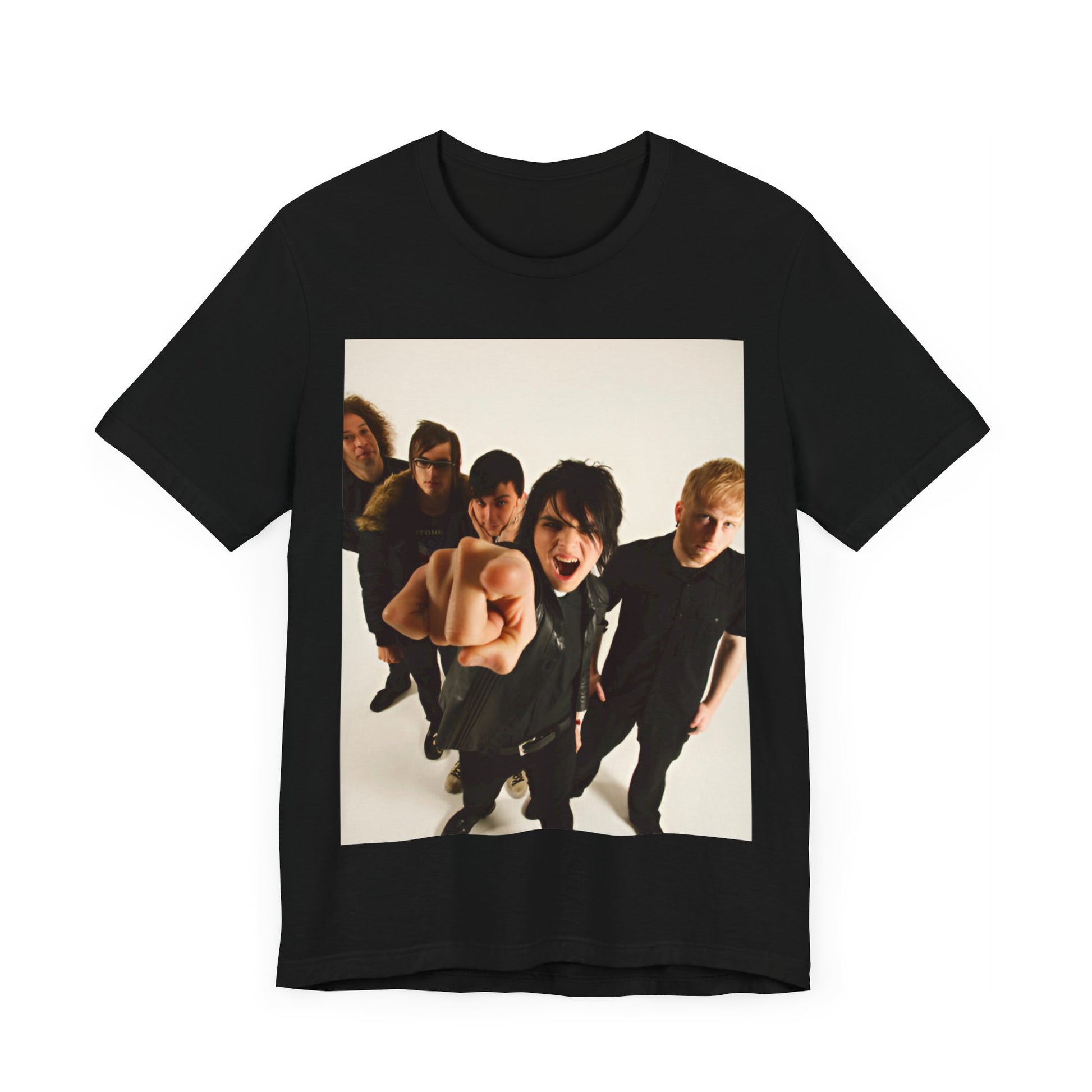 A black graphic t-shirt featuring a retro rock graphic of My Chemical Romance.