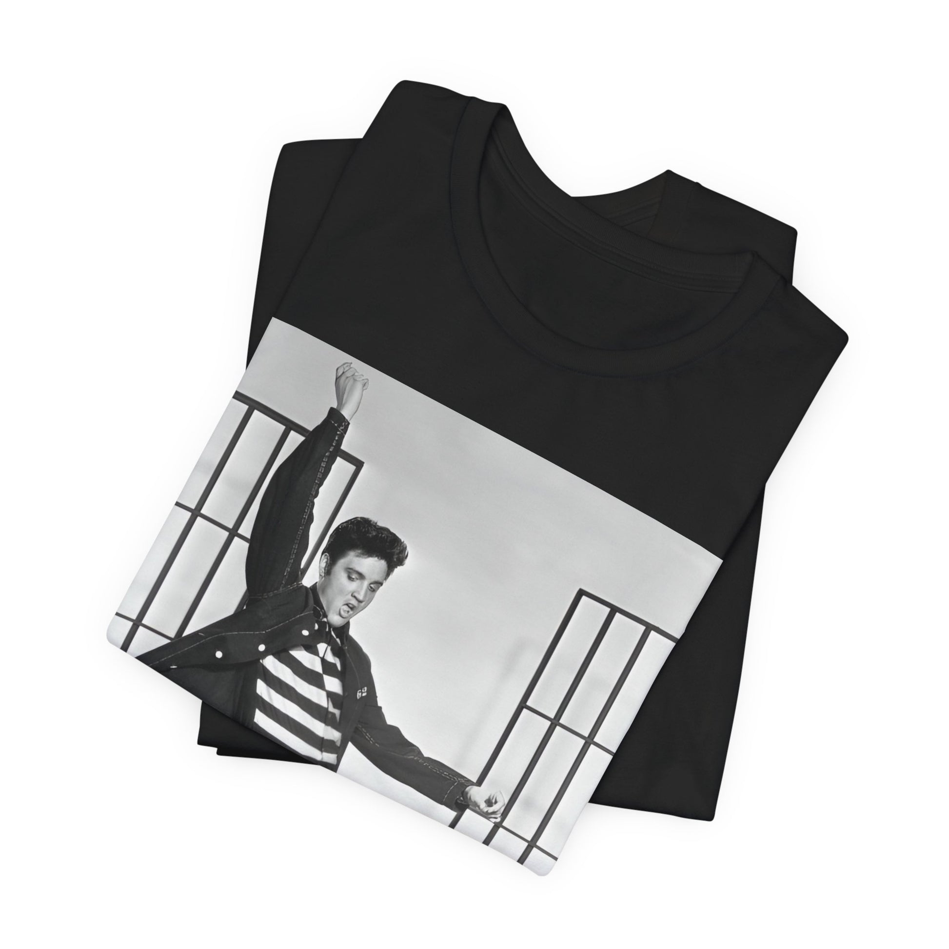 A black graphic t-shirt featuring a graphic related to Elvis Presley's 'Jailhouse Rock' song.