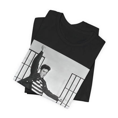 A black graphic t-shirt featuring a graphic related to Elvis Presley's 'Jailhouse Rock' song.