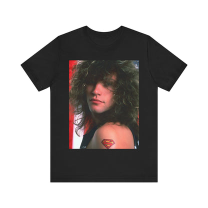 A black graphic t-shirt featuring a graphic of Bon Jovi, possibly with a Superman logo or a tattoo-inspired design.
