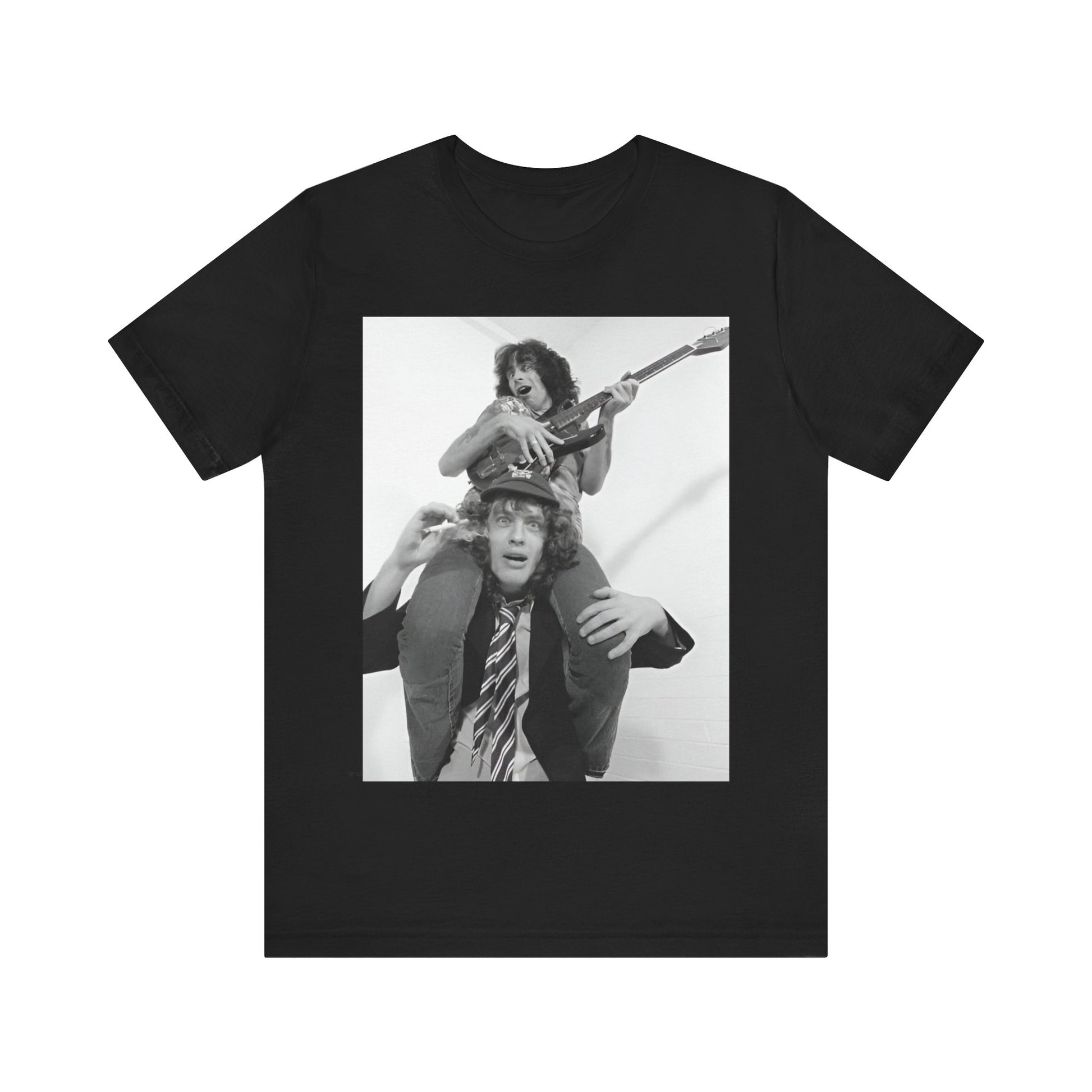 A black graphic t-shirt featuring a split image of AC/DC's Bon Scott and Angus Young, representing the band's iconic duo.