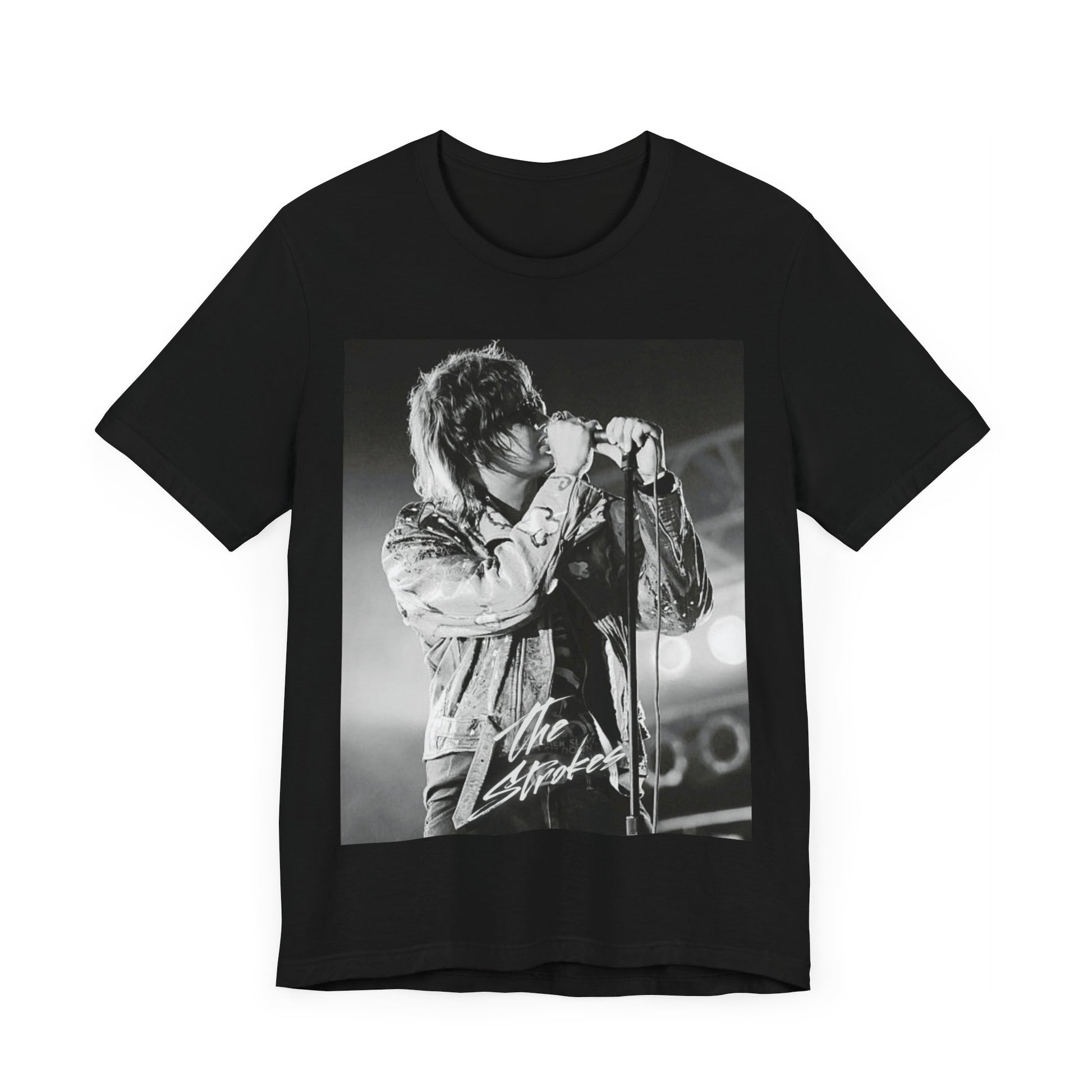 A black graphic t-shirt featuring a vintage graphic related to The Strokes' 'Last Nite' song or era.