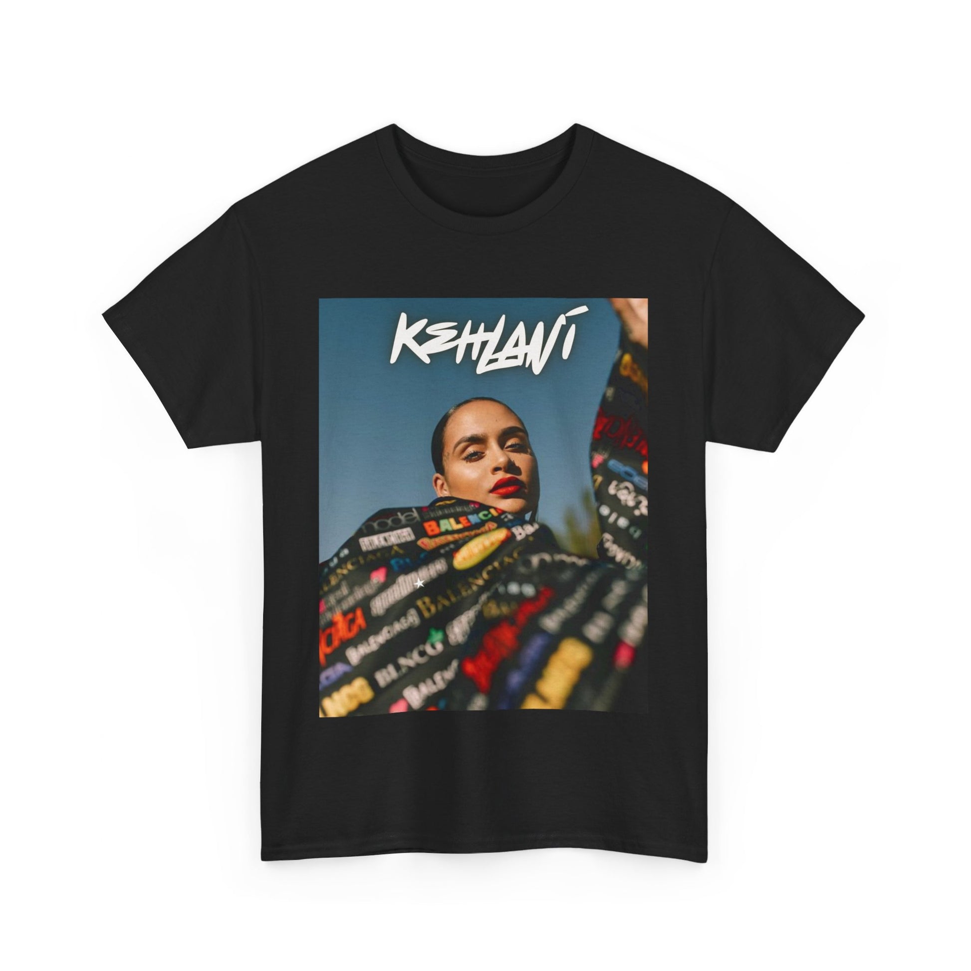A black graphic t-shirt featuring a retro aesthetic graphic of Kehlani.