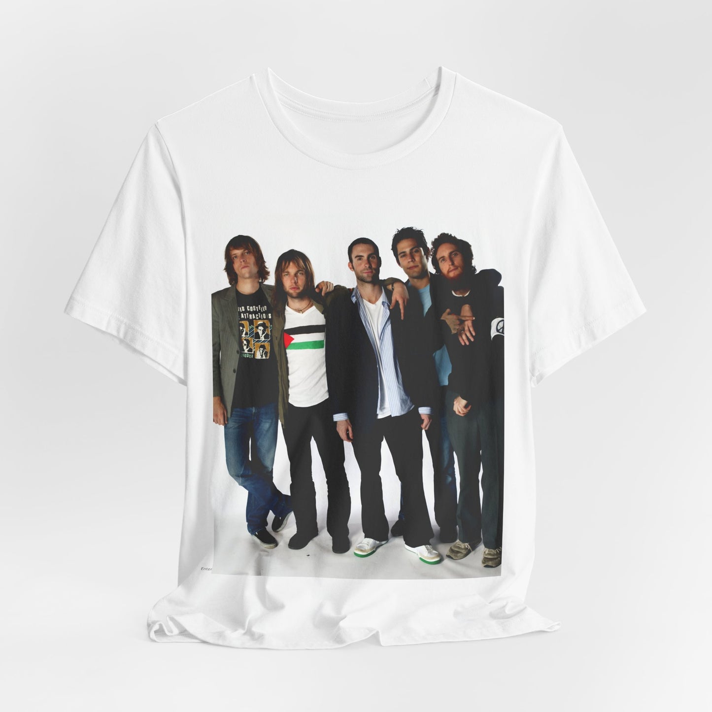 A scrapbook-style collage of various photos of the band Maroon 5 from a classic era, printed on a graphic t-shirt
