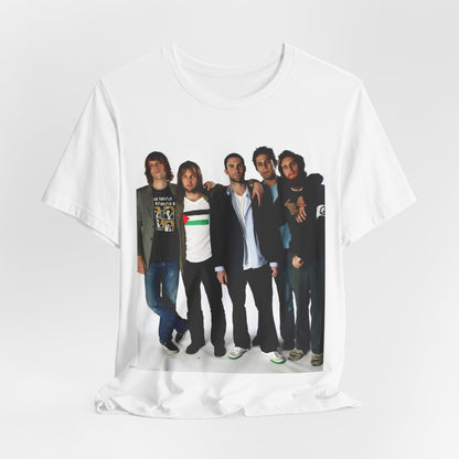 A scrapbook-style collage of various photos of the band Maroon 5 from a classic era, printed on a graphic t-shirt