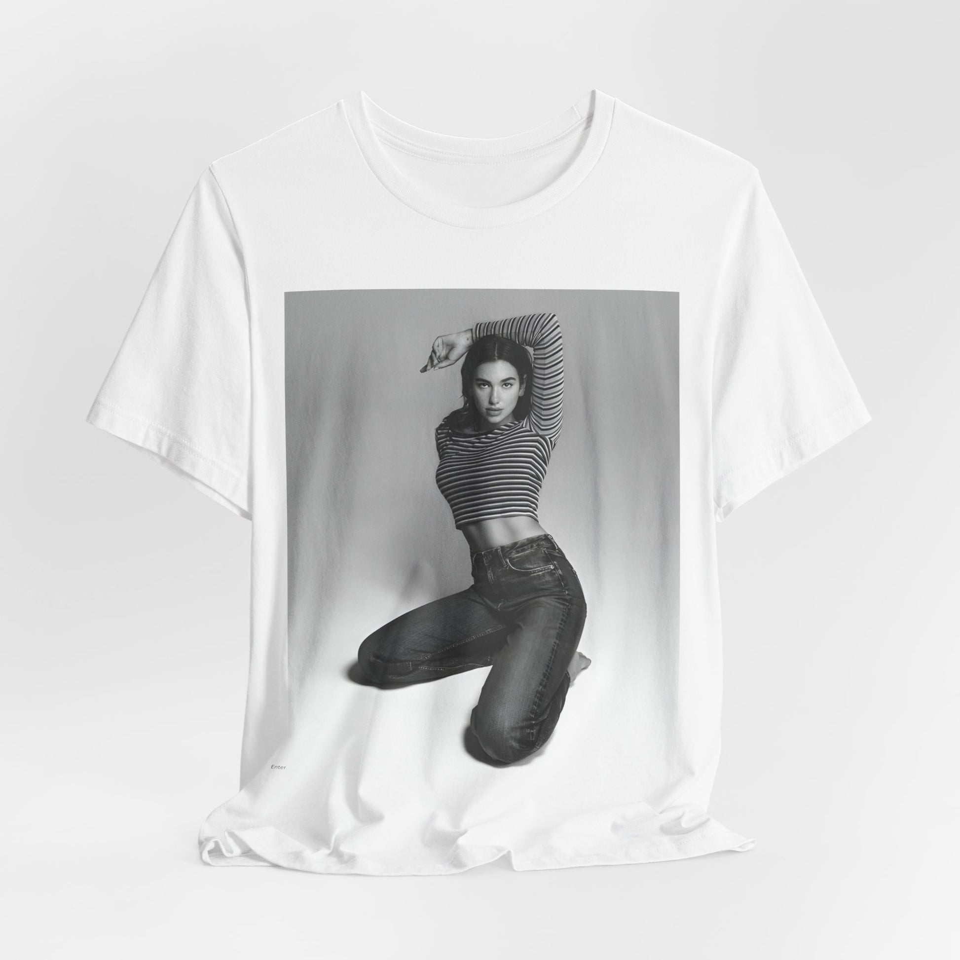 A black graphic t-shirt featuring a black and white photo of Dua Lipa in a posed manner.