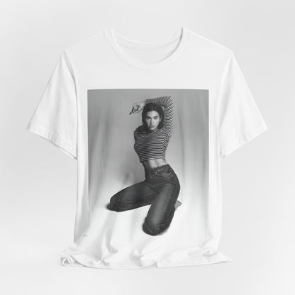 A black graphic t-shirt featuring a black and white photo of Dua Lipa in a posed manner.
