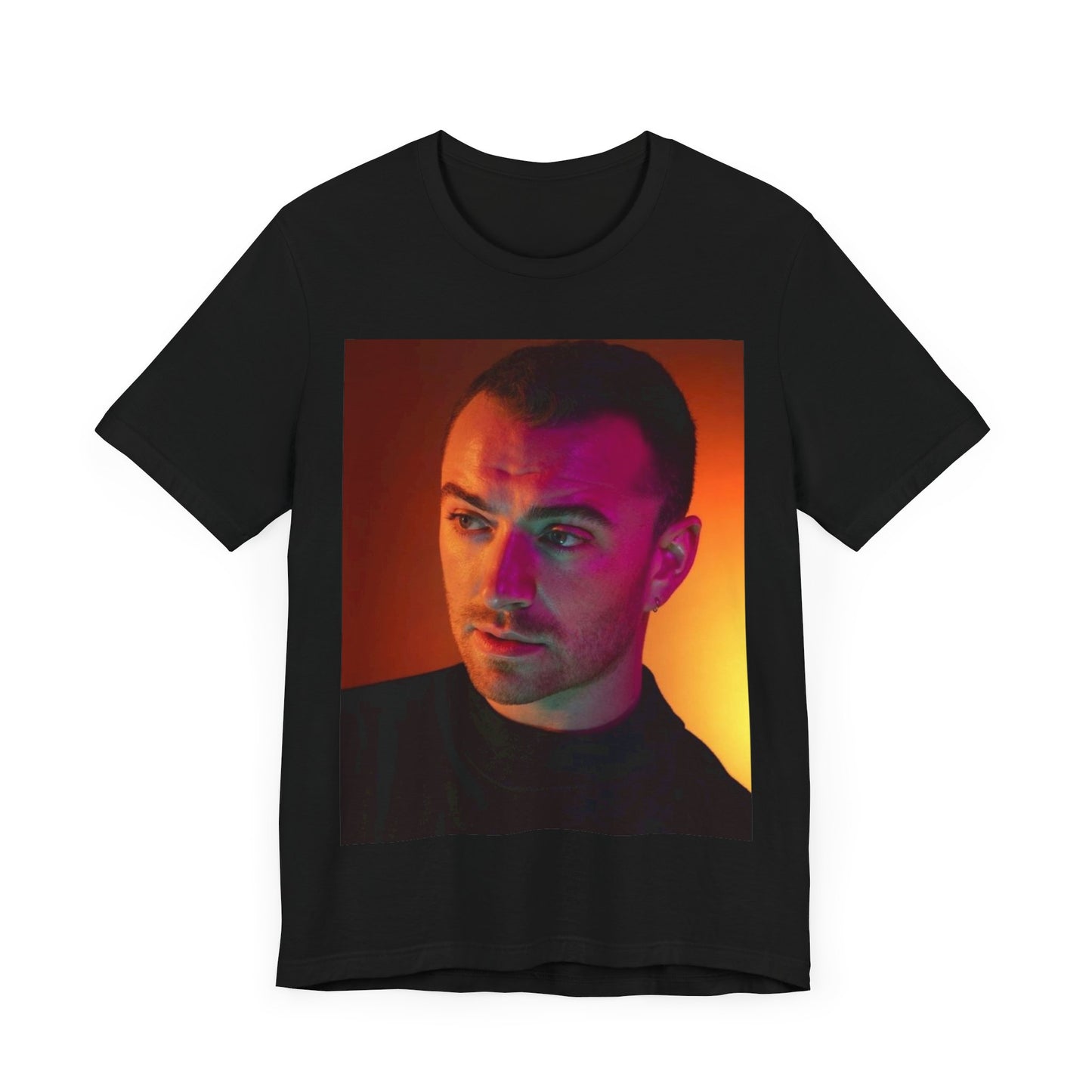 A black graphic t-shirt featuring a colorful portrait graphic of Sam Smith.