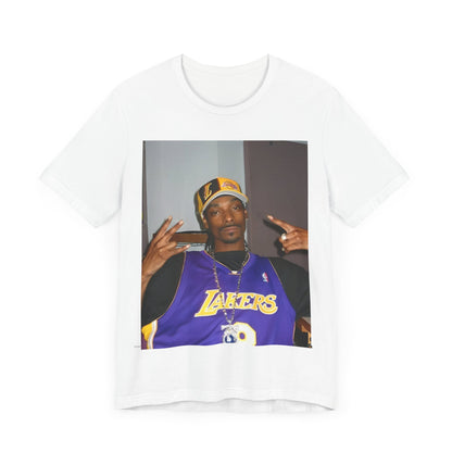 A black graphic t-shirt featuring a graphic of Snoop Dogg with Lakers branding or colors.