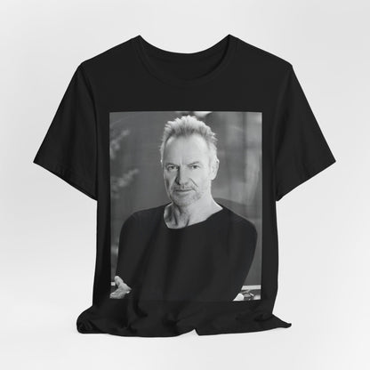 A black graphic t-shirt featuring a vintage graphic related to Sting's 'Desert Rose' song or era.