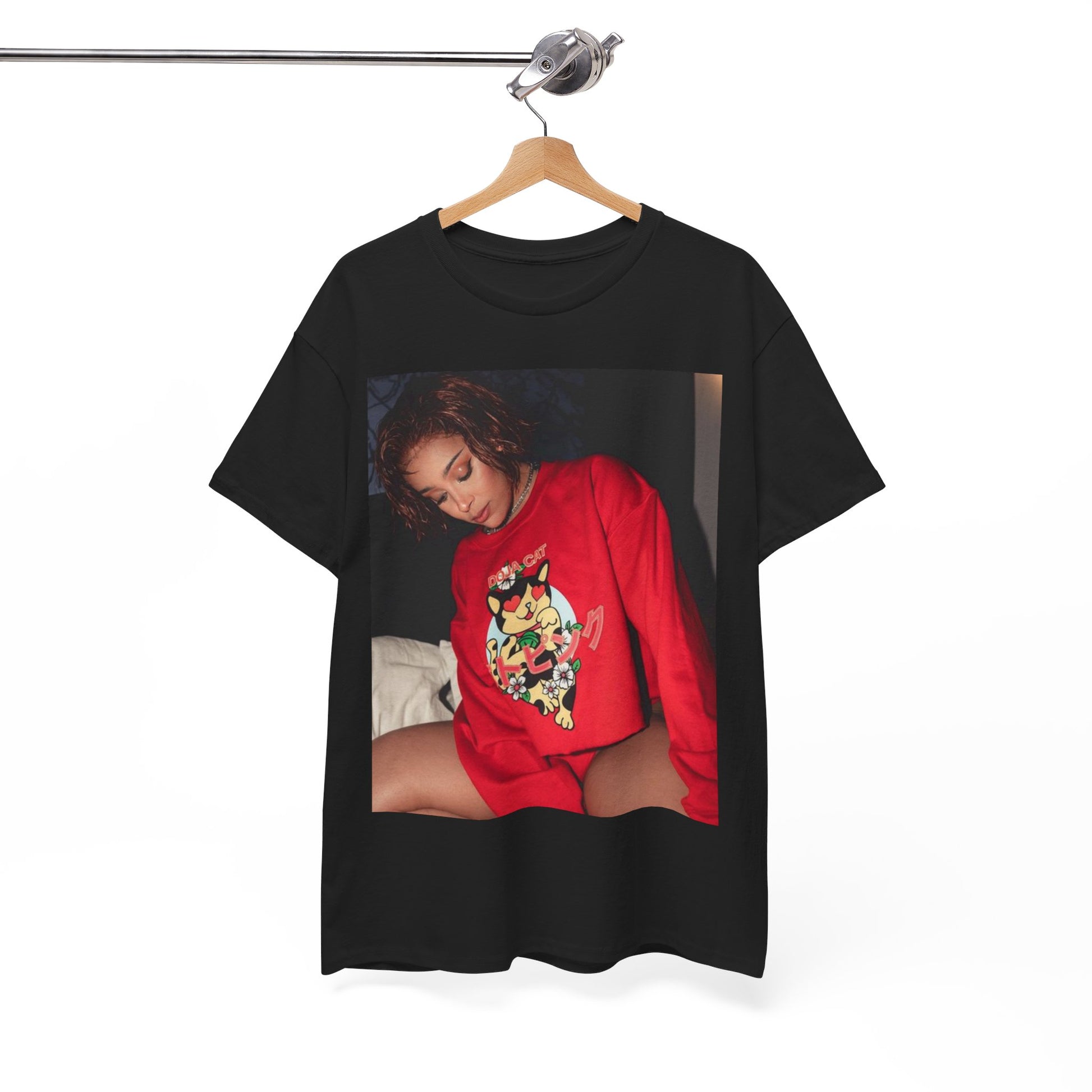 A black graphic t-shirt featuring a graphic of Doja Cat as a style icon.