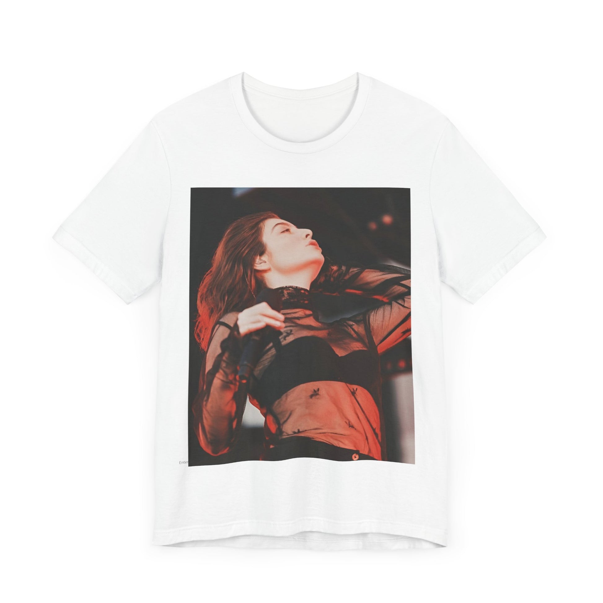 A black graphic t-shirt featuring a graphic of Lorde emphasizing raw emotion.