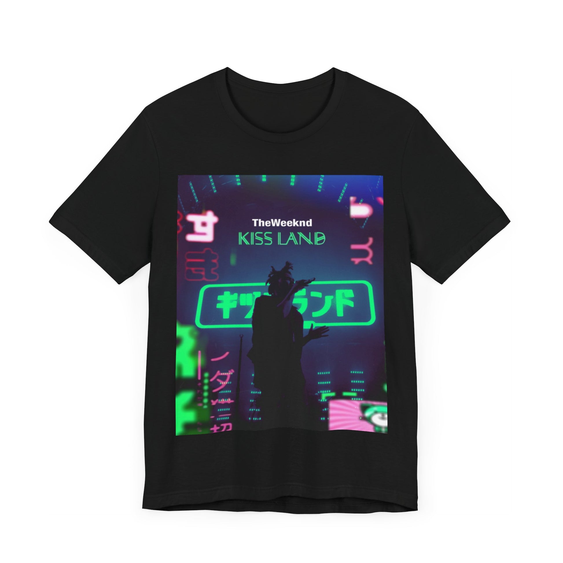 A black graphic t-shirt featuring a graphic related to The Weeknd's 'Kiss Land' live performances.