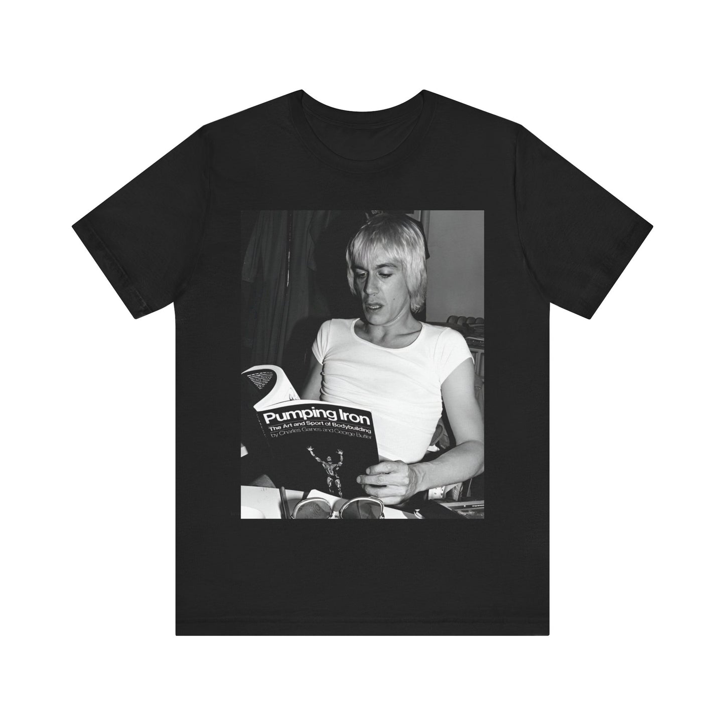 A black graphic t-shirt featuring a 70s classic photo of Iggy Pop and The Stooges.