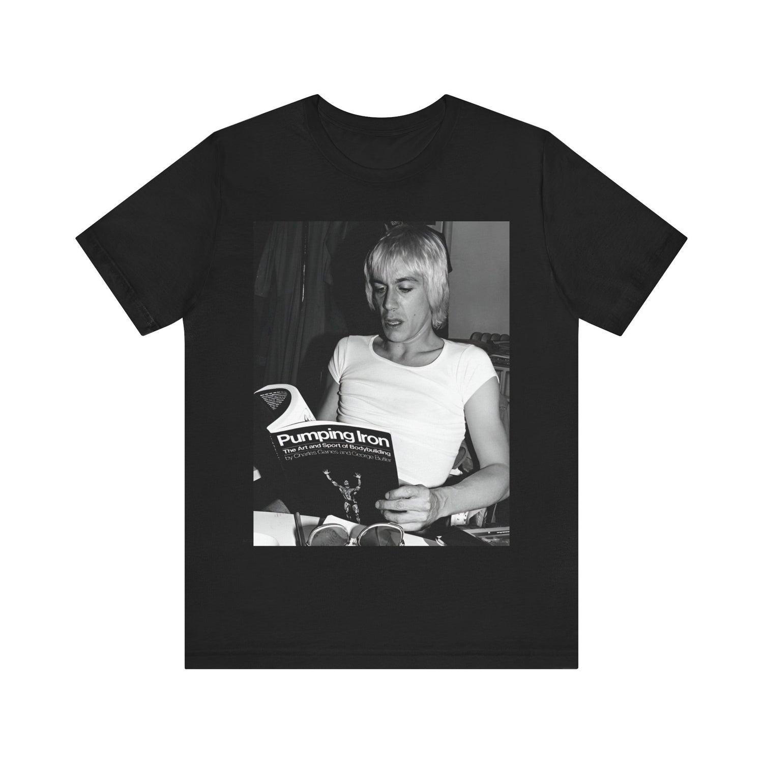 A black graphic t-shirt featuring a 70s classic photo of Iggy Pop and The Stooges.
