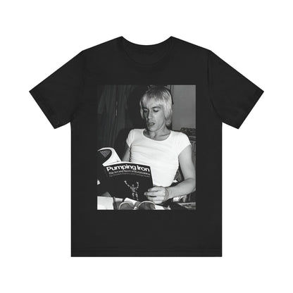 A black graphic t-shirt featuring a 70s classic photo of Iggy Pop and The Stooges.