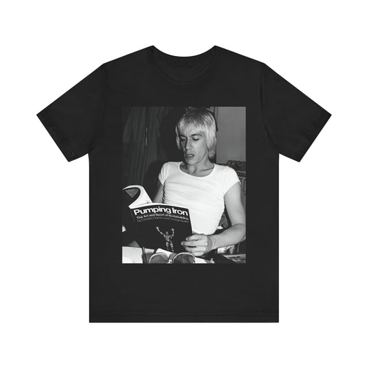 A black graphic t-shirt featuring a 70s classic photo of Iggy Pop and The Stooges.