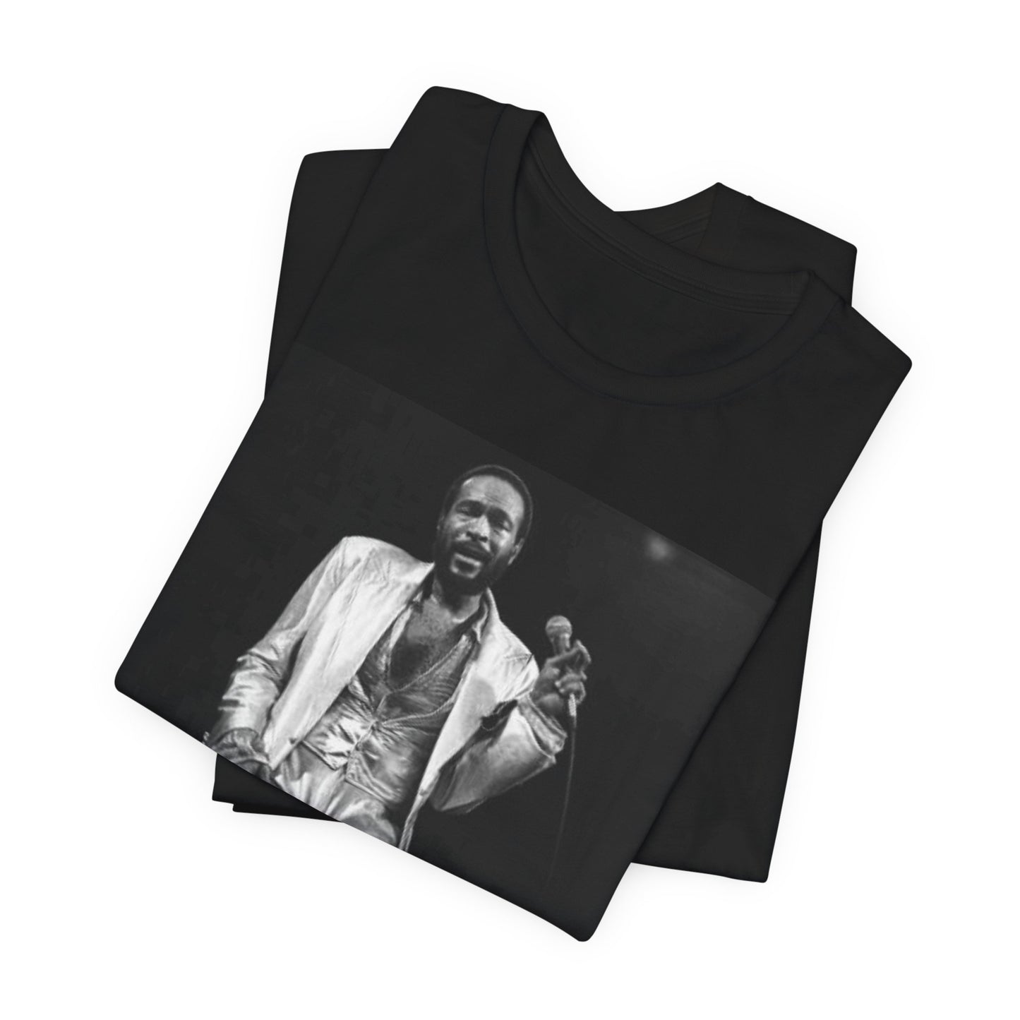 A black graphic t-shirt featuring a live graphic related to Marvin Gaye's 'Sexual Healing' song or era.