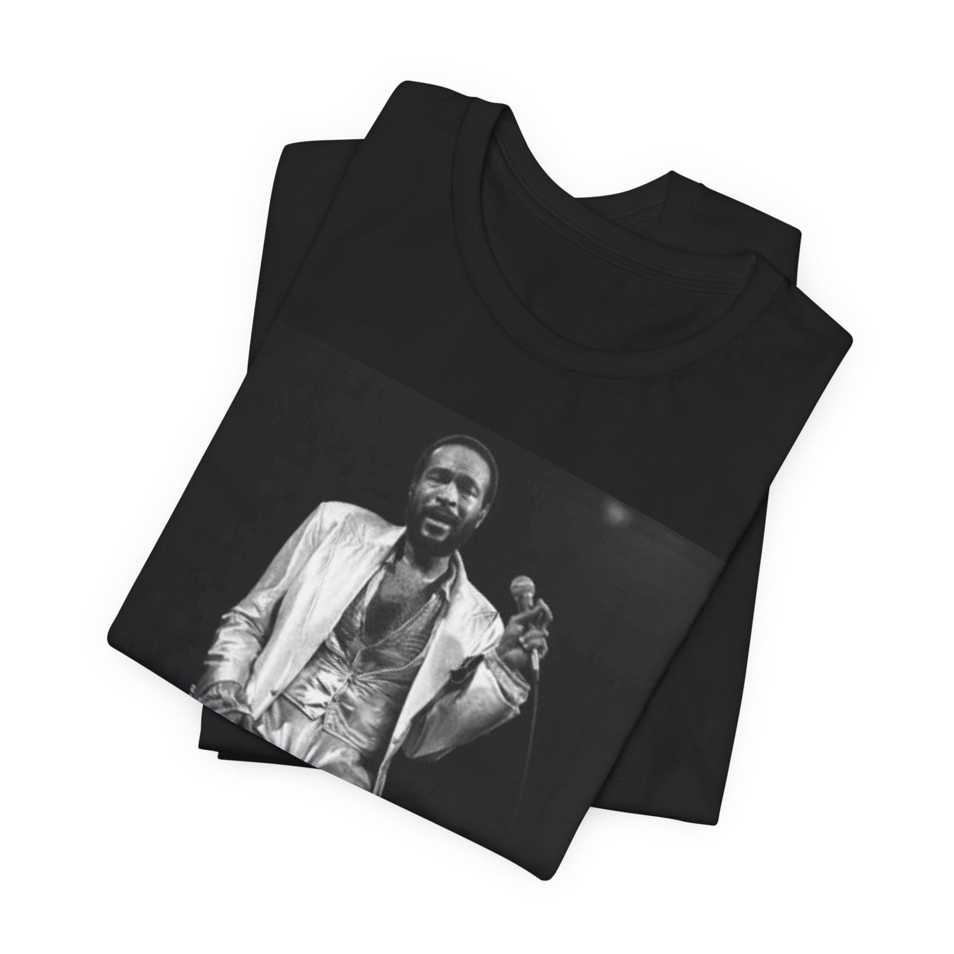 A black graphic t-shirt featuring a live graphic related to Marvin Gaye's 'Sexual Healing' song or era.