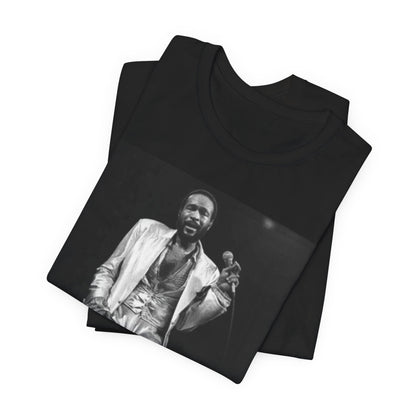 A black graphic t-shirt featuring a live graphic related to Marvin Gaye's 'Sexual Healing' song or era.