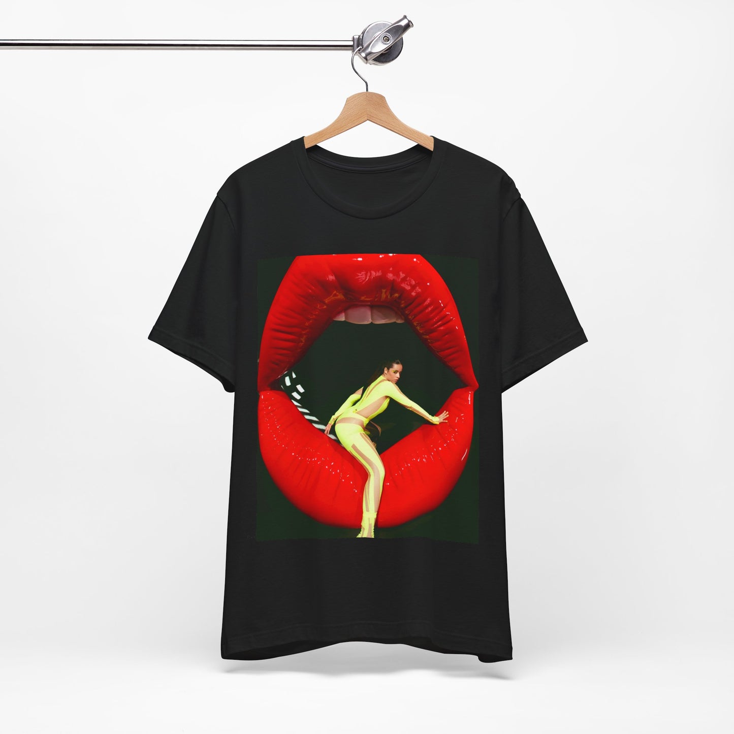 A black graphic t-shirt featuring a graphic of Camila Cabello with a 'rebel heart' or edgy pop star aesthetic.