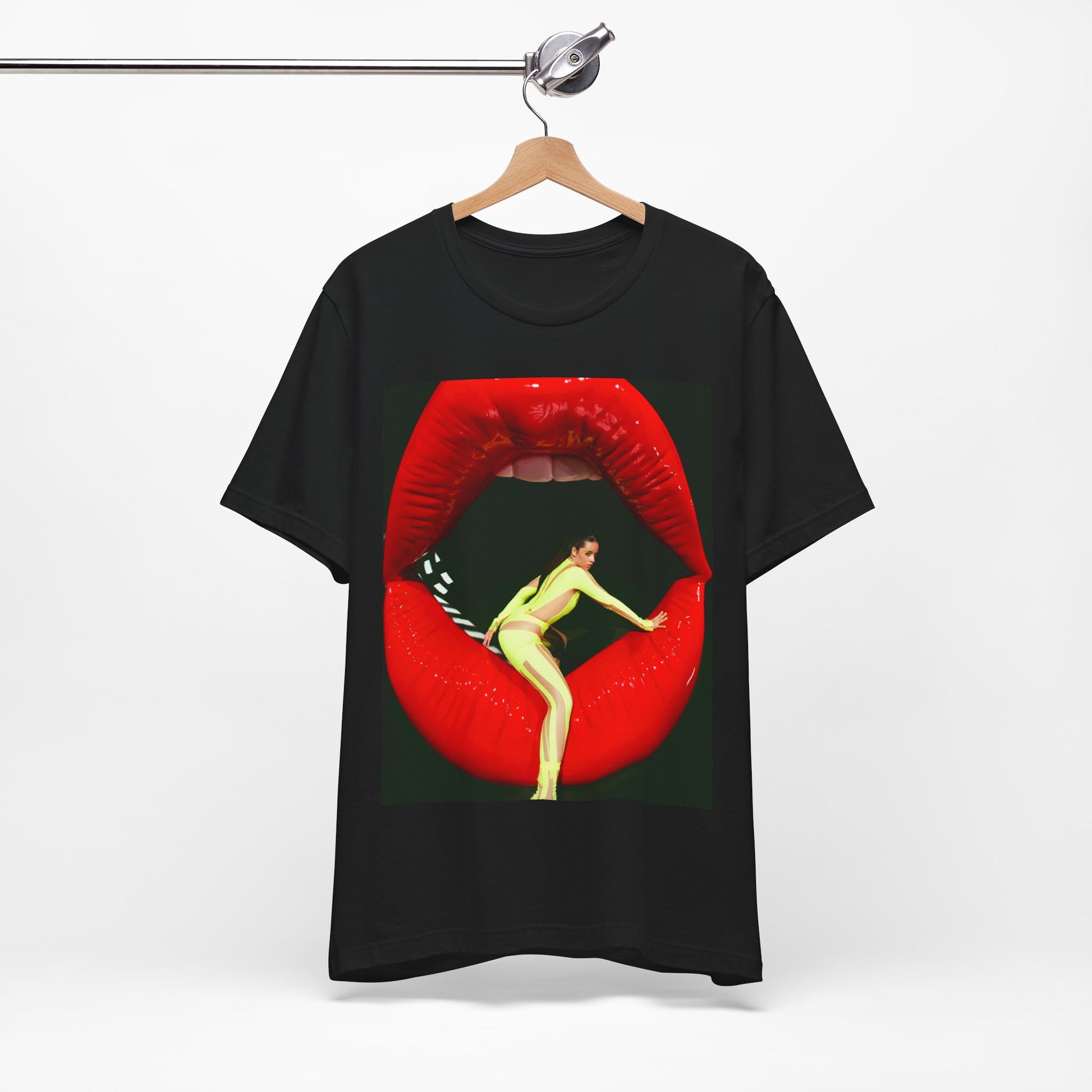 A black graphic t-shirt featuring a graphic of Camila Cabello with a 'rebel heart' or edgy pop star aesthetic.