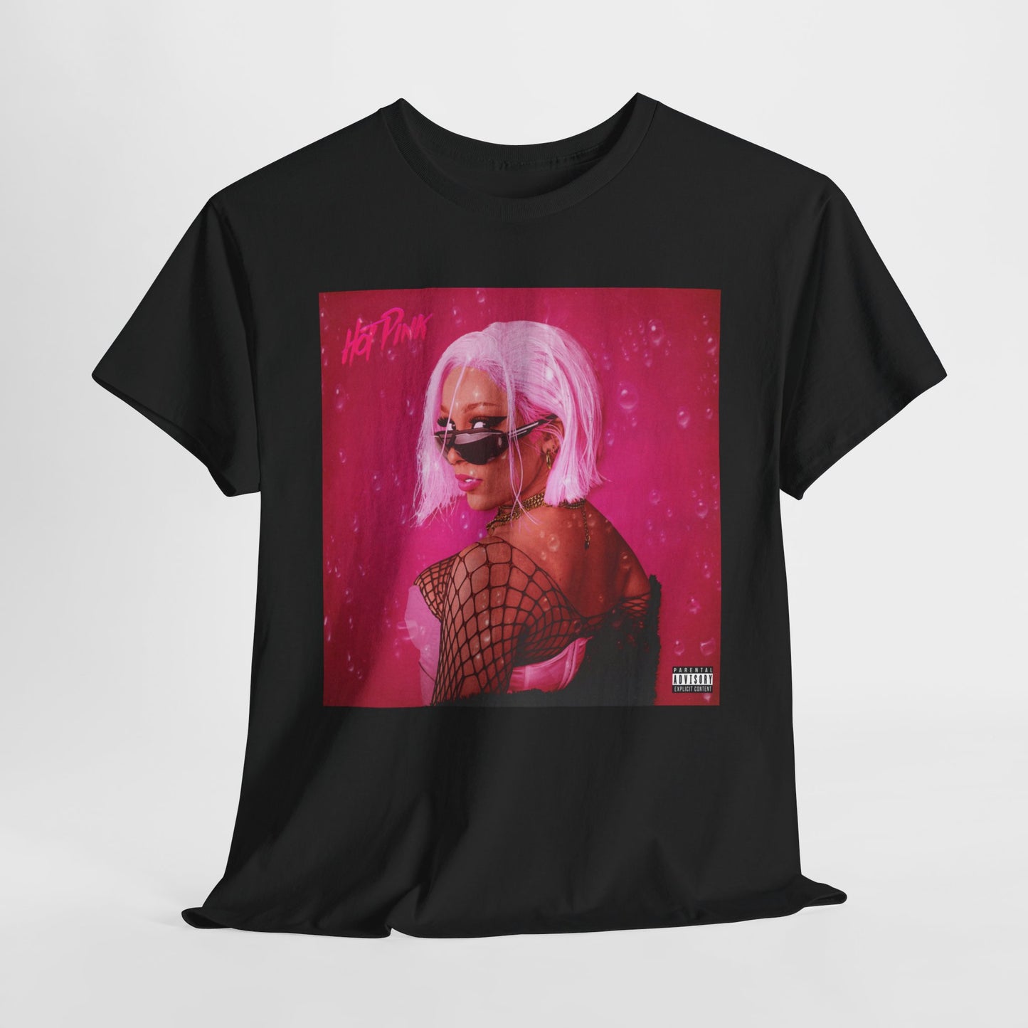 A black graphic t-shirt featuring a graphic related to Doja Cat's "Hot Pink" album era.