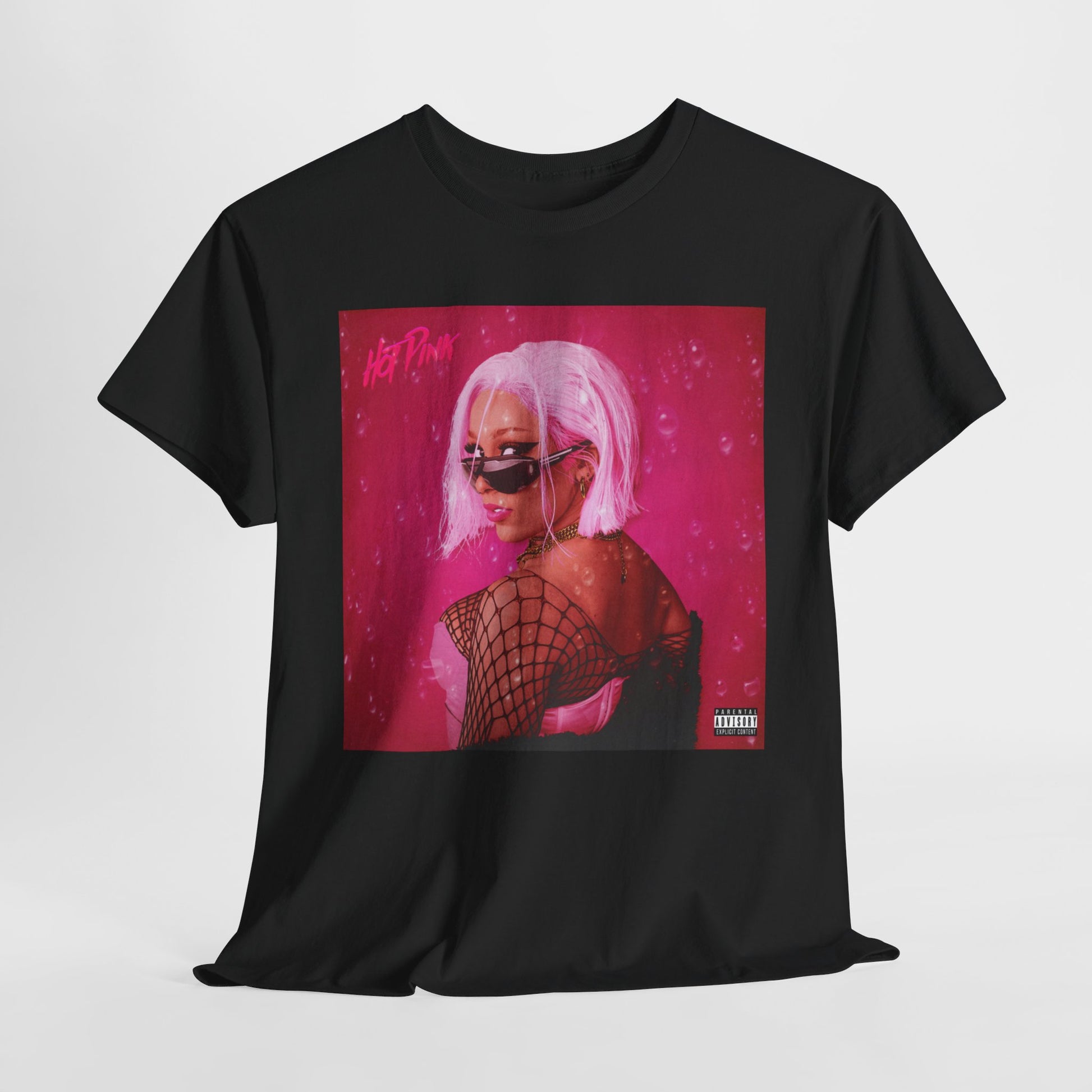 A black graphic t-shirt featuring a graphic related to Doja Cat's "Hot Pink" album era.