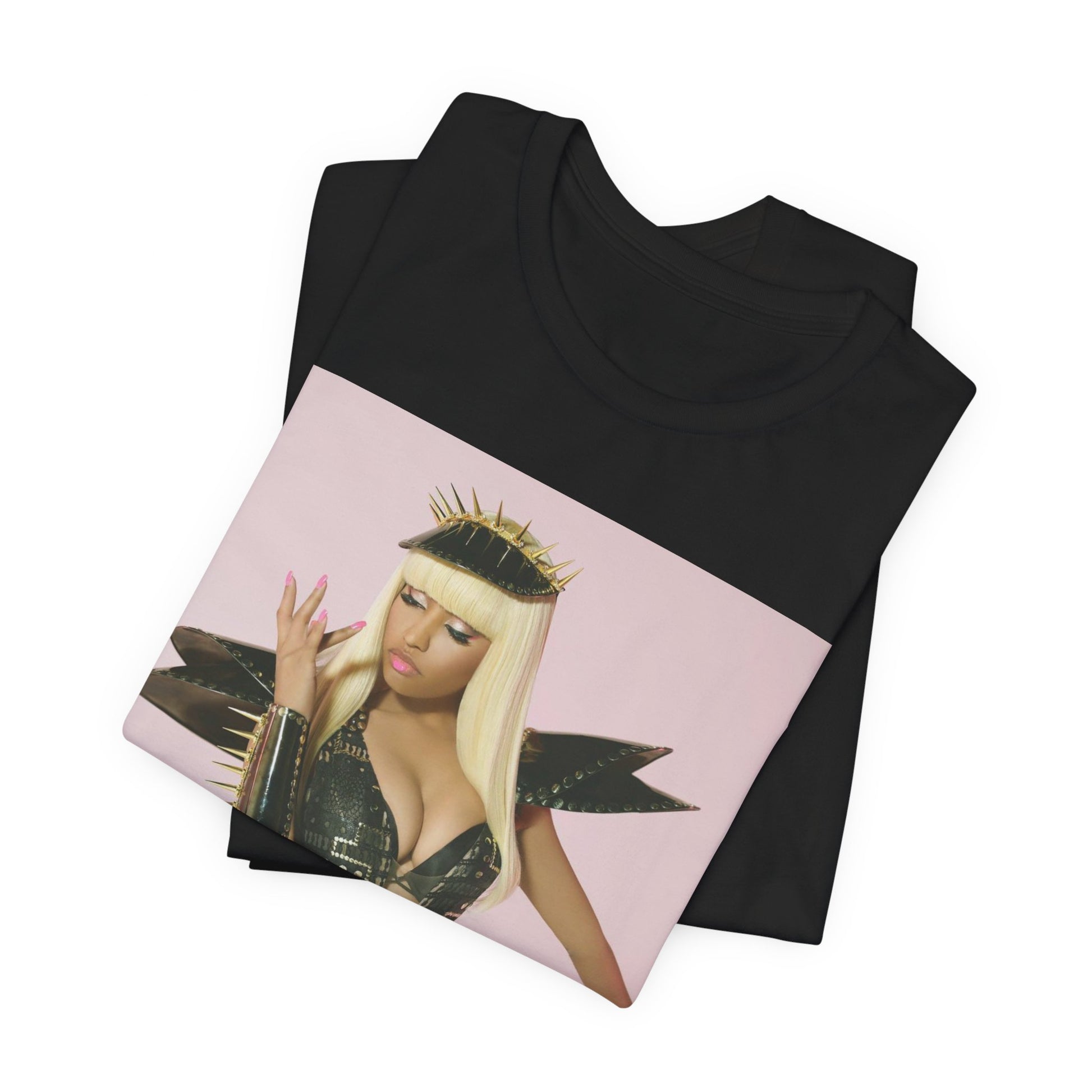 A black graphic t-shirt featuring a high fashion street vibe graphic of Nicki Minaj.