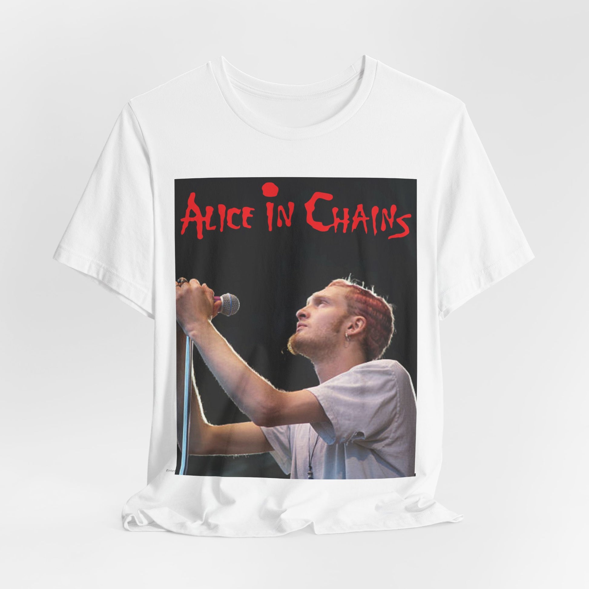 A black graphic t-shirt featuring the Alice In Chains logo in red, in a 90s grunge style.