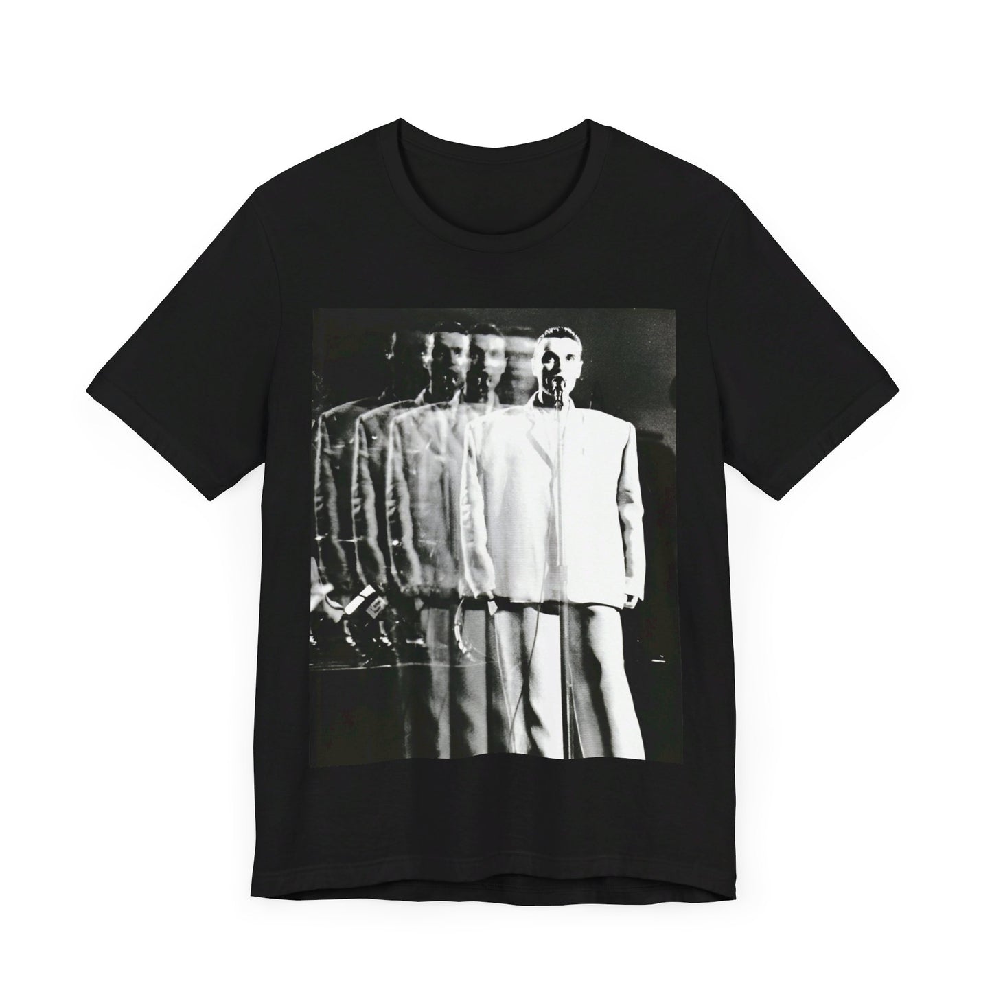 A black graphic t-shirt featuring a graphic of David Byrne from Talking Heads in his iconic 'big suit'.
