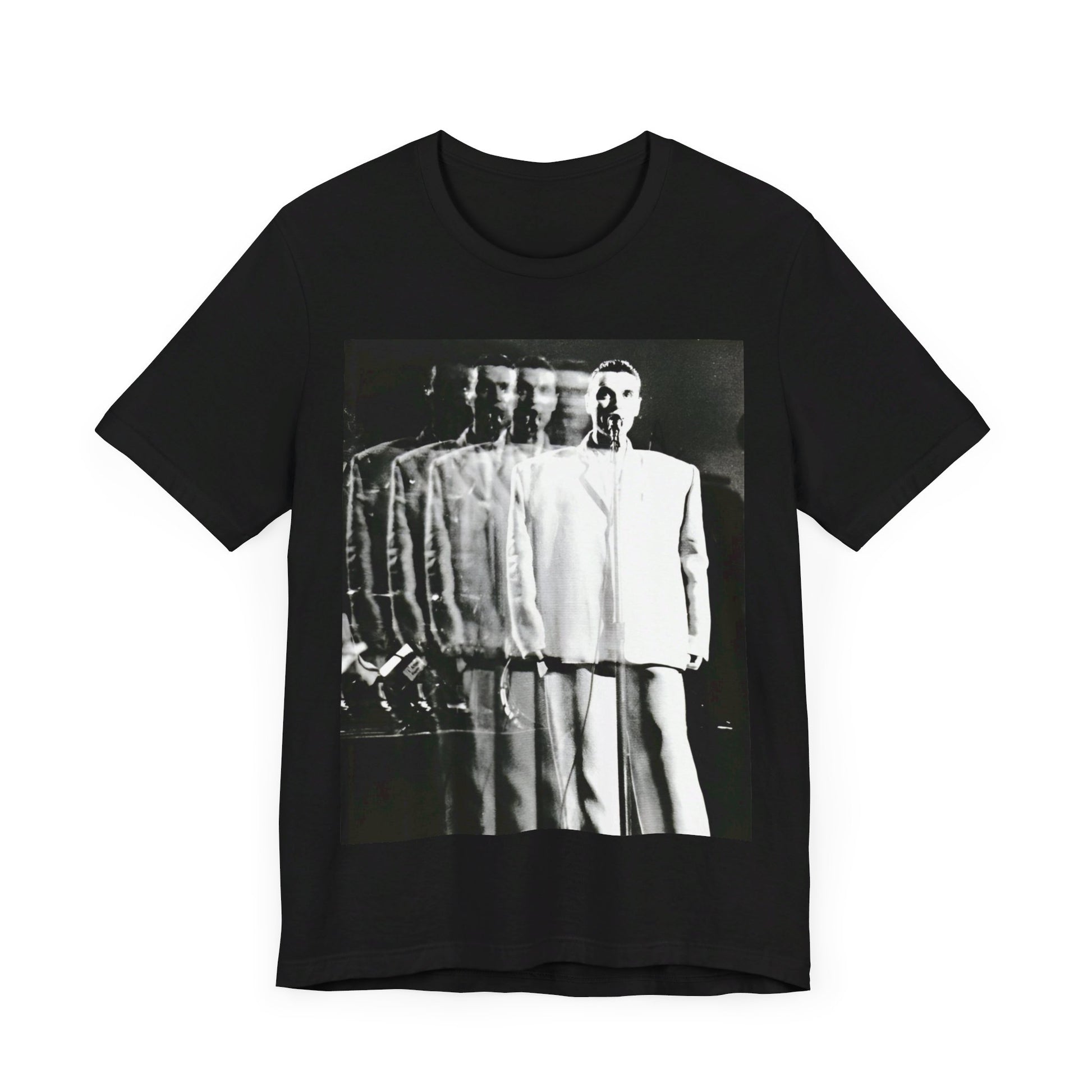 A black graphic t-shirt featuring a graphic of David Byrne from Talking Heads in his iconic 'big suit'.