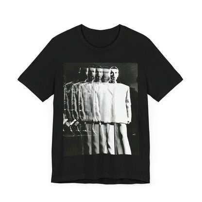 A black graphic t-shirt featuring a graphic of David Byrne from Talking Heads in his iconic 'big suit'.