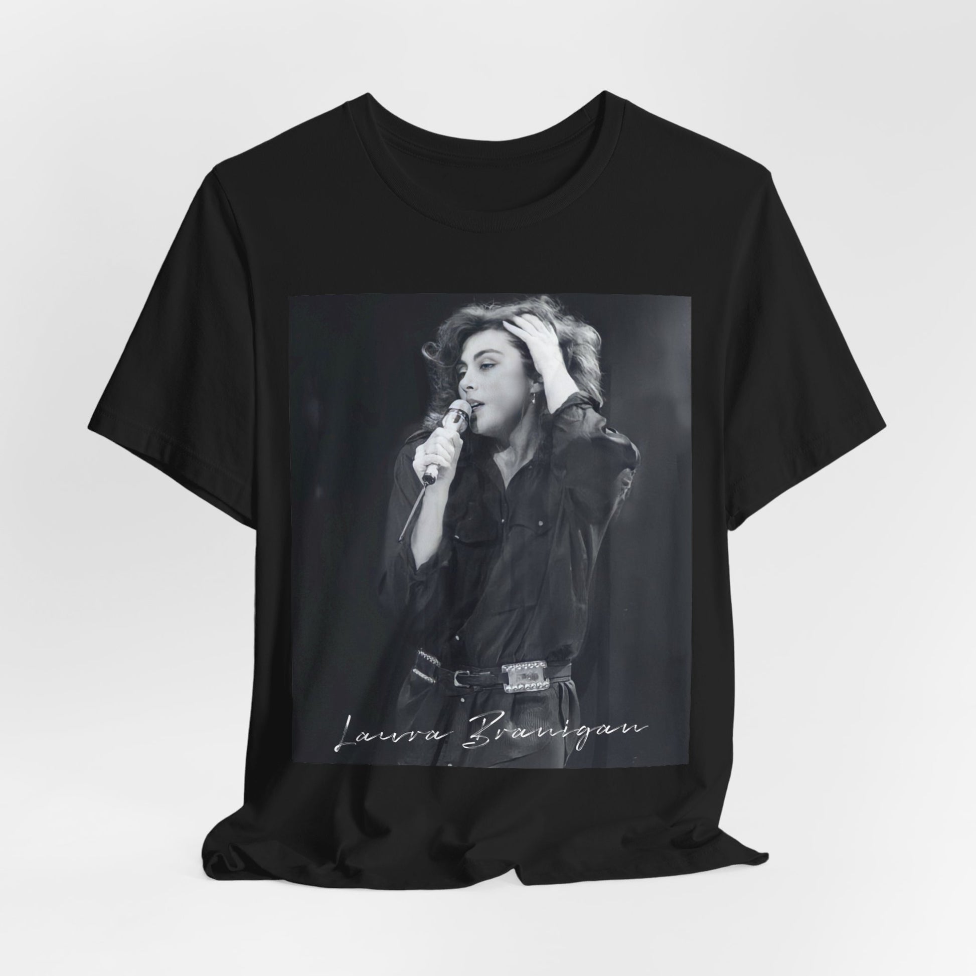 A black graphic t-shirt featuring an 80s live show graphic of Laura Branigan.
